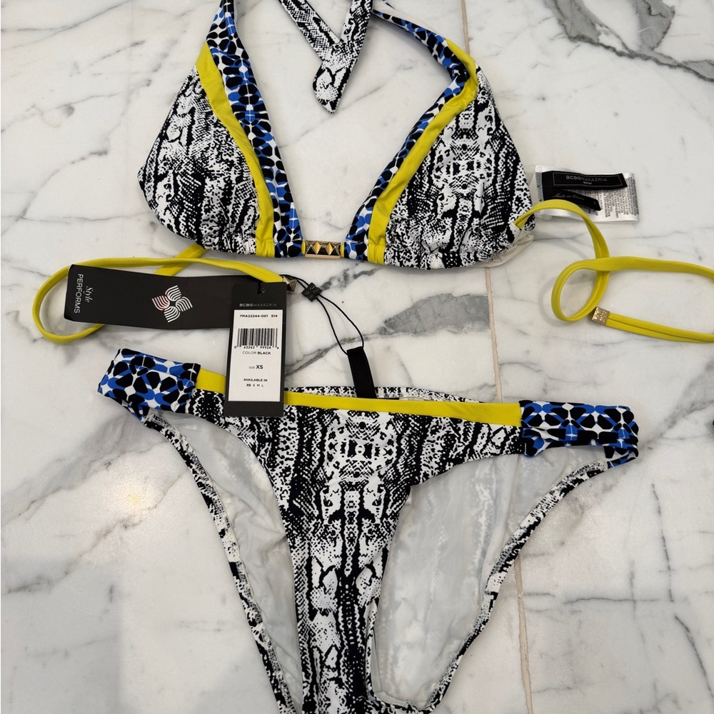 NWT BCBG Snake Print Bikini with Yellow & Blue Trim XS